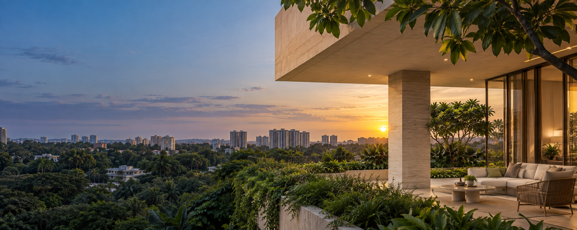 Landscaped residential terrace overlooking the Bengaluru skyline at sunset
