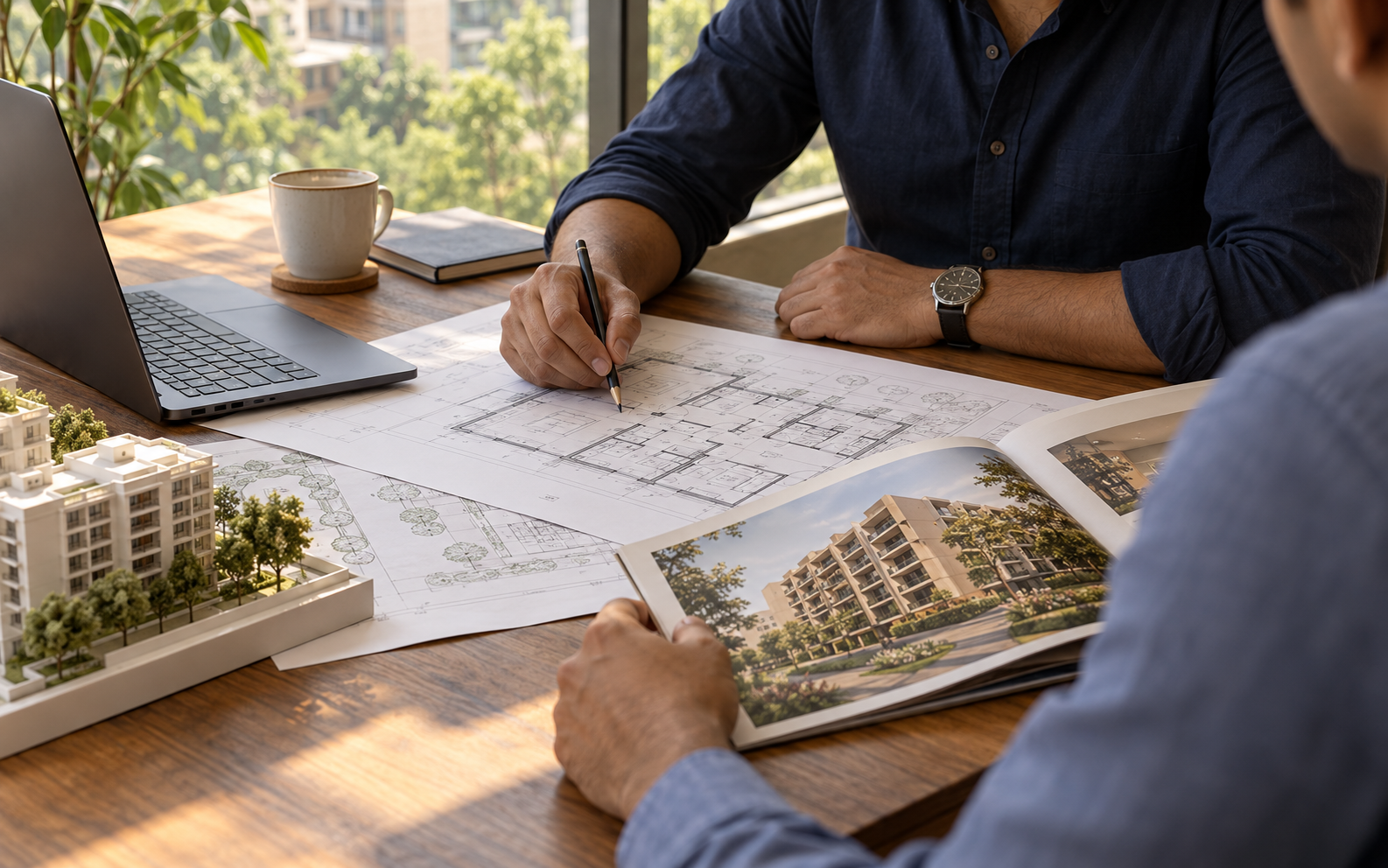 Consultants reviewing architectural plans and residential project materials