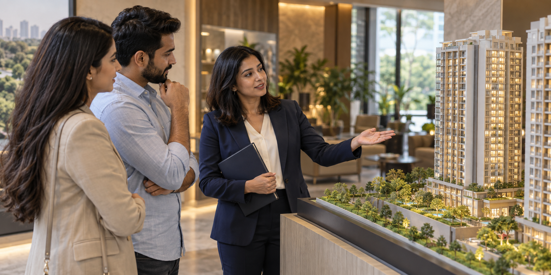 Property advisor presenting a residential project to prospective buyers