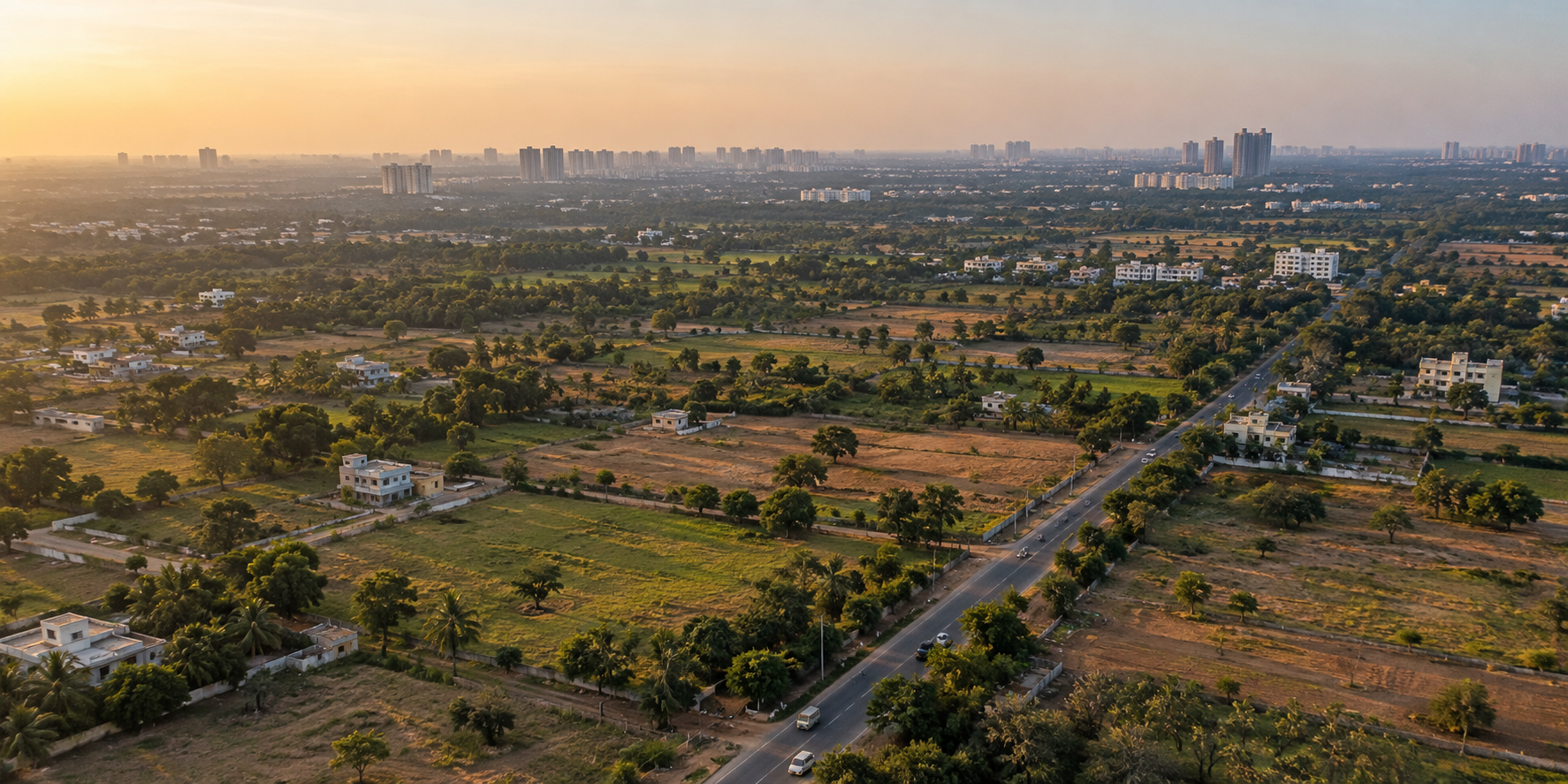 Illustrative aerial view of a developing real estate micro-market